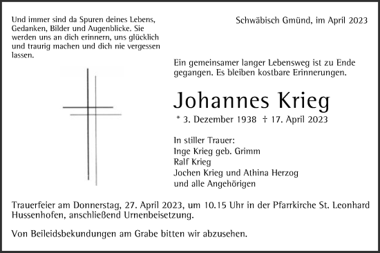 Traueranzeige von Johannes Krieg von Gmünder Tagespost