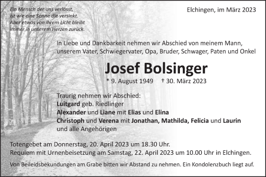 Traueranzeige von Josef Bolsinger von Schwäbische Post