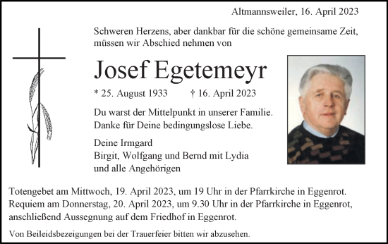 Traueranzeige von Josef Egetemeyr von Schwäbische Post