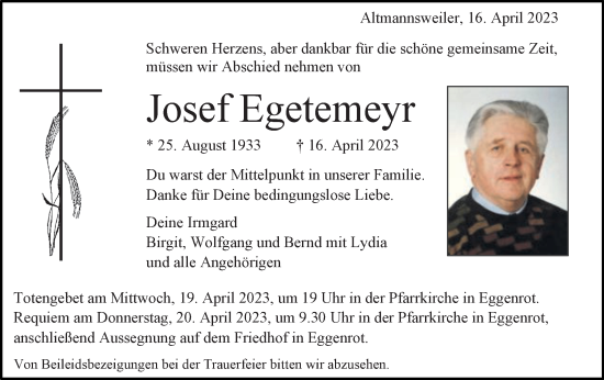 Traueranzeige von Josef Egetemeyr