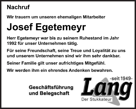 Traueranzeige von Josef Egetemeyr von Schwäbische Post