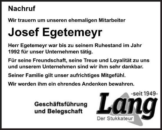 Traueranzeige von Josef Egetemeyr