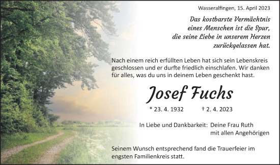 Traueranzeige von Josef Fuchs von Schwäbische Post