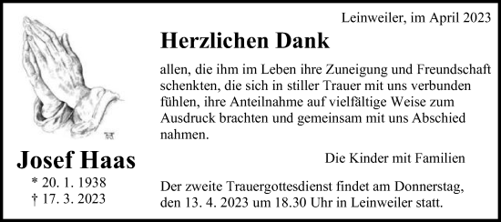 Traueranzeige von Josef Haas von Gmünder Tagespost