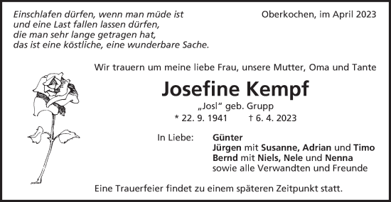 Traueranzeige von Josefine Kempf von Schwäbische Post