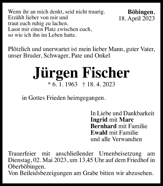 Traueranzeige von Jürgen Fischer von Gmünder Tagespost
