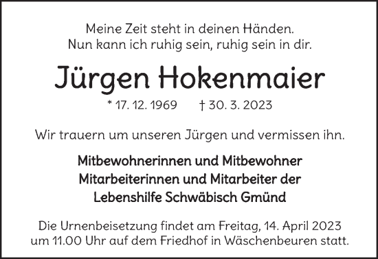 Traueranzeige von Jürgen Hokenmaier von Gmünder Tagespost