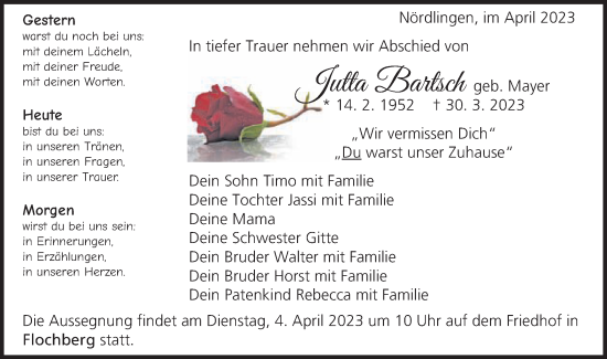 Traueranzeige von Jutta Bartsch von Schwäbische Post
