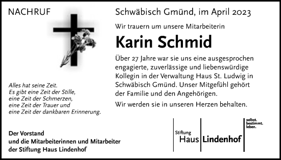 Traueranzeige von Karin Schmid von Gmünder Tagespost