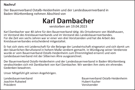 Traueranzeige von Karl Dambacher von Schwäbische Post