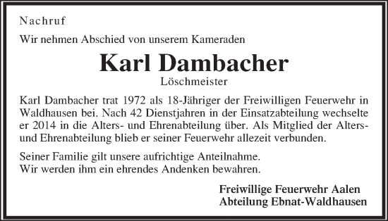 Traueranzeige von Karl Dambacher von Schwäbische Post