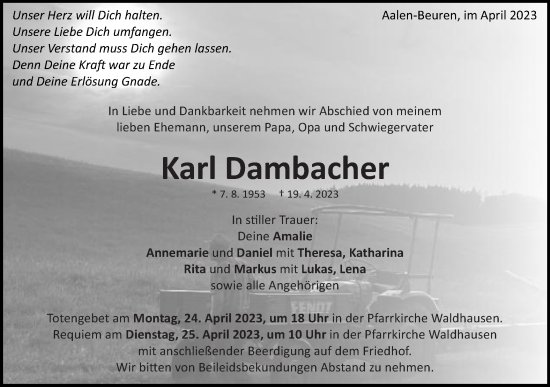 Traueranzeige von Karl Dambacher von Schwäbische Post