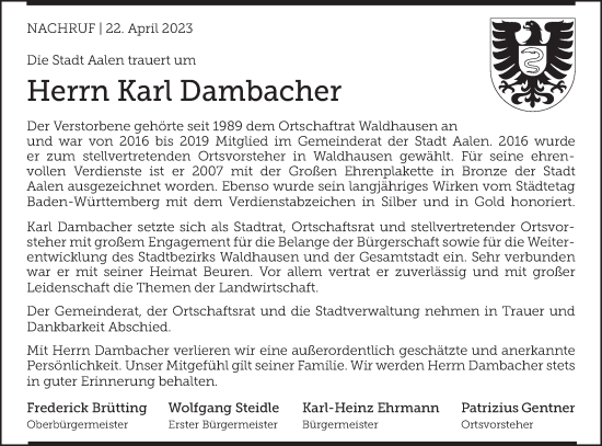 Traueranzeige von Karl Dambacher von Schwäbische Post