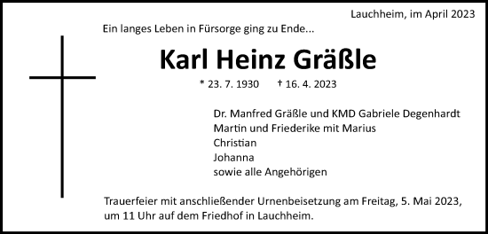 Traueranzeige von Karl Heinz Gräßle von Schwäbische Post