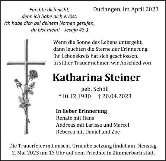 Traueranzeige von Katharina Steiner von Gmünder Tagespost