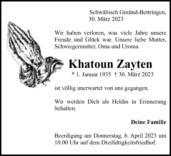 Traueranzeige von Khatoun Zayten von Gmünder Tagespost