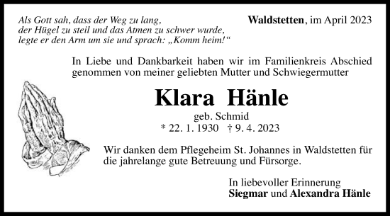 Traueranzeige von Klara Hänle von Gmünder Tagespost