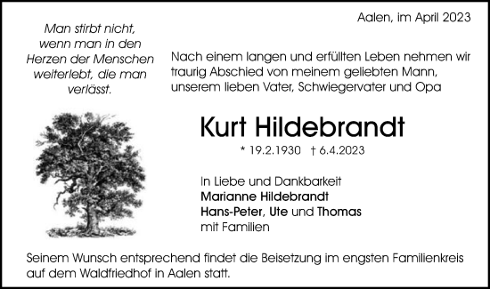 Traueranzeige von Kurt Hildebrandt von Schwäbische Post