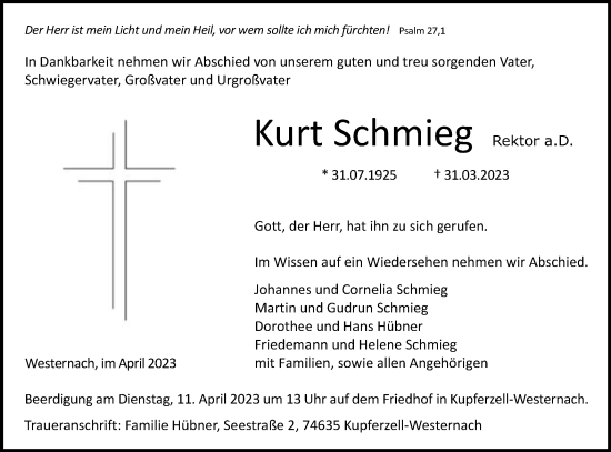 Traueranzeige von Kurt Schmieg von Schwäbische Post