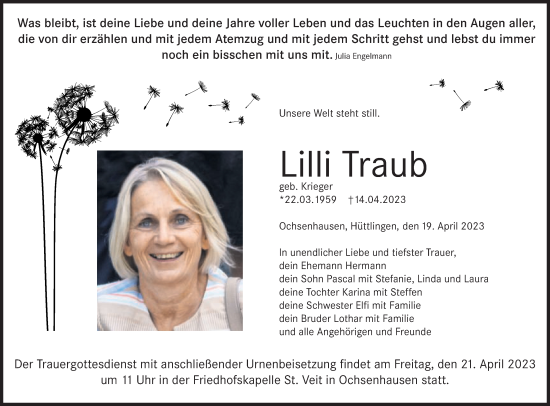 Traueranzeige von Lilli Traub von Schwäbische Post