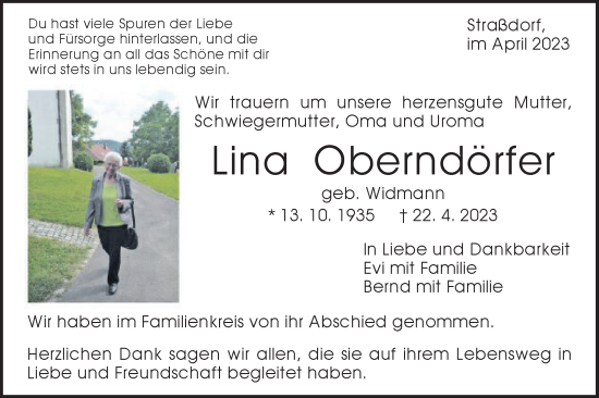 Traueranzeige von Lina Oberndörfer