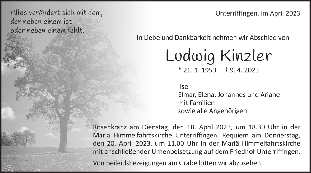  Traueranzeige für Ludwig Kinzler vom 15.04.2023 aus Schwäbische Post