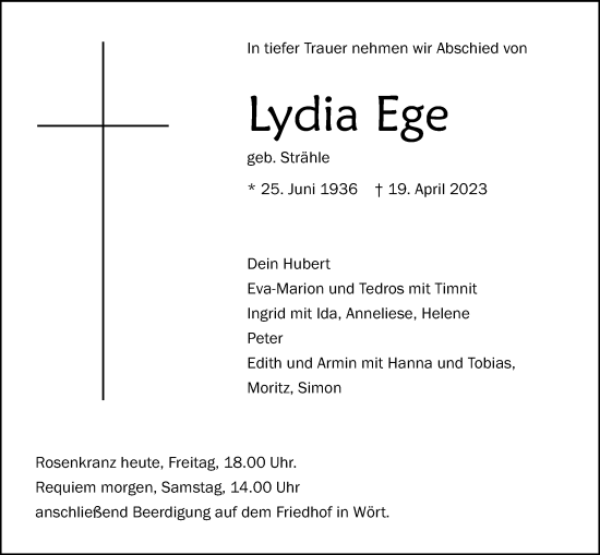 Traueranzeige von Lydia Ege von Schwäbische Post