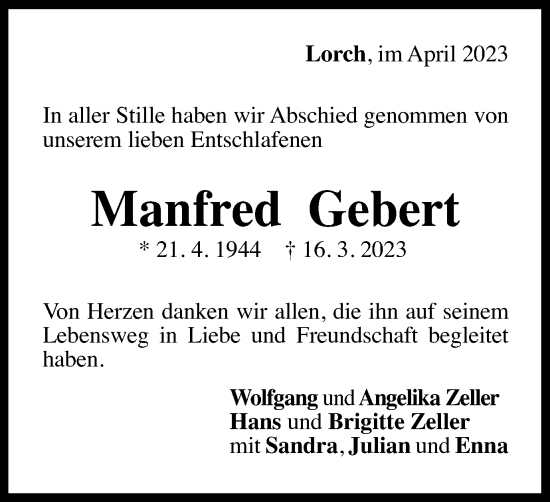Traueranzeige von Manfred Gebert von Gmünder Tagespost