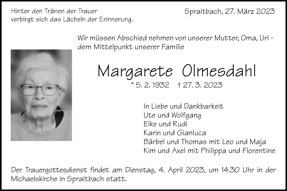  Traueranzeige für Margarete Olmesdahl vom 01.04.2023 aus Gmünder Tagespost