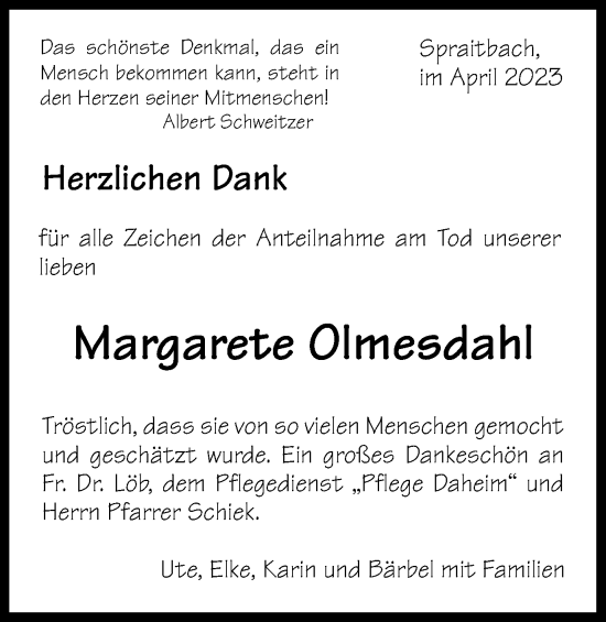 Traueranzeige von Margarete Olmesdahl von Gmünder Tagespost