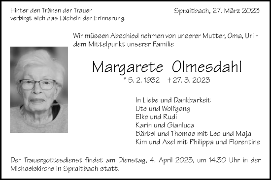 Traueranzeige von Margarete Olmesdahl von Gmünder Tagespost