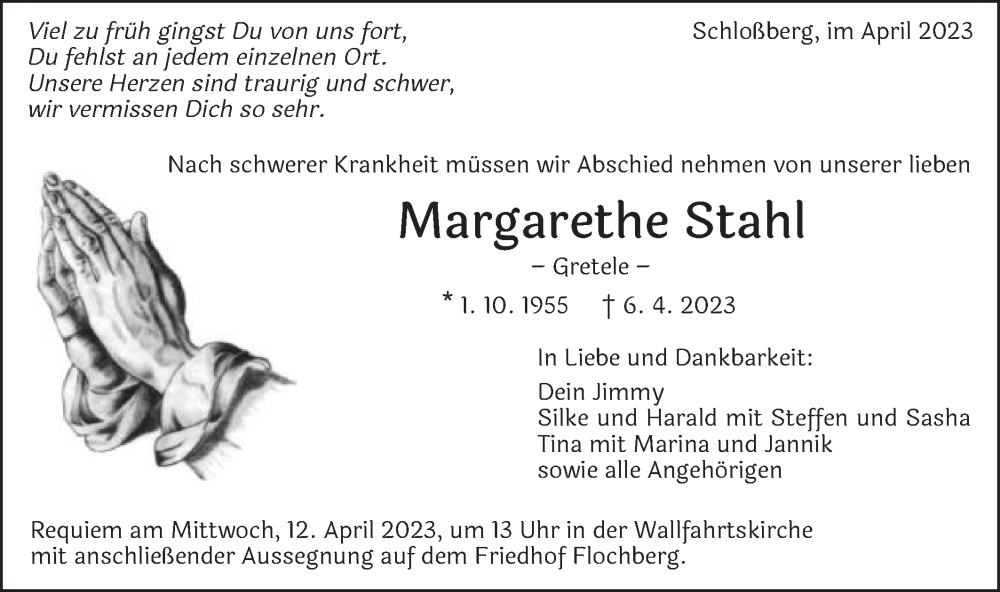  Traueranzeige für Margarethe Stahl vom 08.04.2023 aus Schwäbische Post