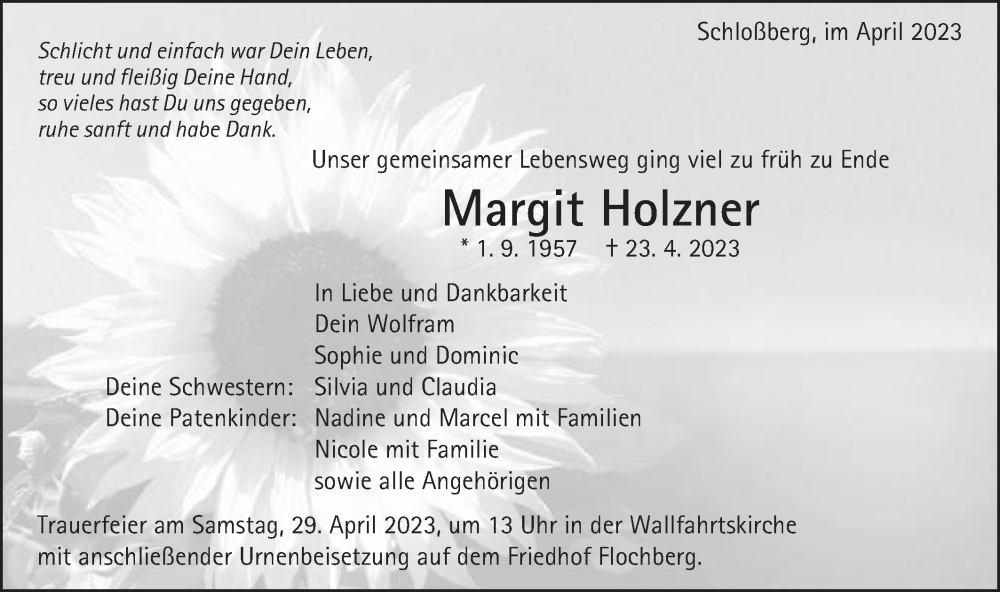  Traueranzeige für Margit Holzner vom 26.04.2023 aus Schwäbische Post