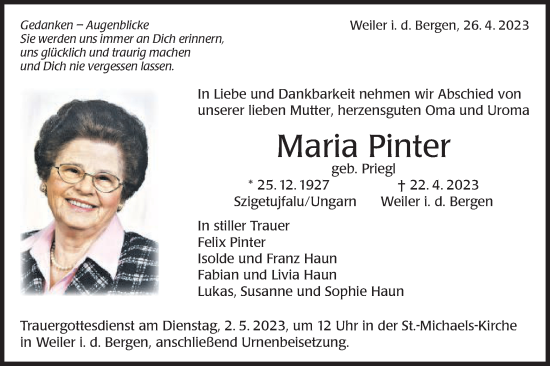 Traueranzeige von Maria Pinter von Gmünder Tagespost