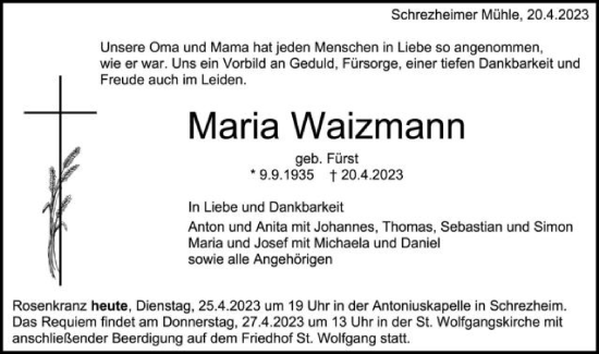 Traueranzeige von Maria Waizmann