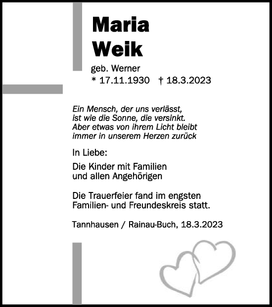 Traueranzeige von Maria Weik von Schwäbische Post