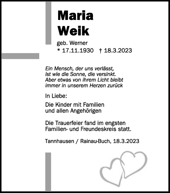 Traueranzeige von Maria Weik