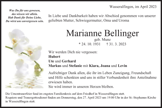 Traueranzeige von Marianne Bellinger von Schwäbische Post