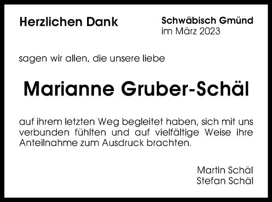 Traueranzeige von Marianne Gruber-Schäl von Gmünder Tagespost
