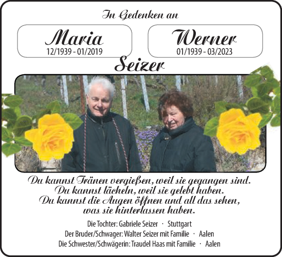 Traueranzeige von Maria und Werner Seizer von Schwäbische Post