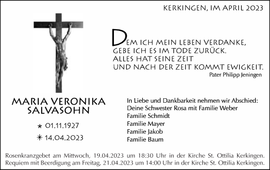 Traueranzeige von Maria Veronika Salvasohn von Schwäbische Post