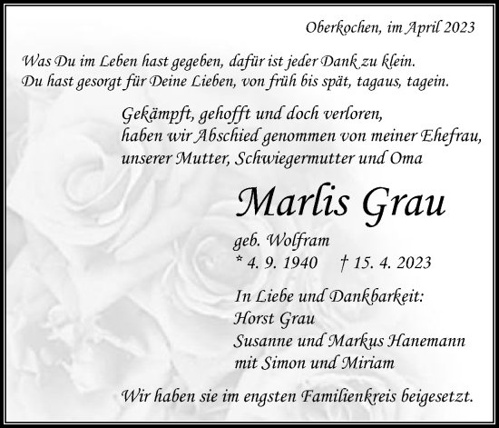 Traueranzeige von Marlis Grau von Schwäbische Post