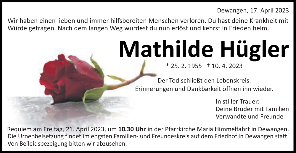  Traueranzeige für Mathilde Hügler vom 17.04.2023 aus Schwäbische Post