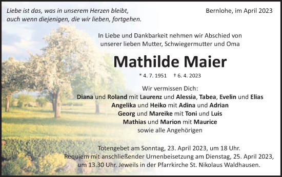 Traueranzeige von Mathilde Maier von Schwäbische Post