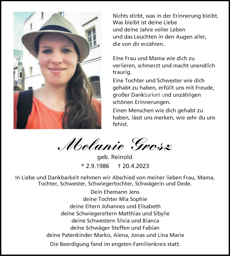  Traueranzeige für Melanie Grosz vom 29.04.2023 aus Gmünder Tagespost