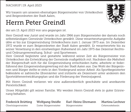 Traueranzeige von Peter Greindl von Schwäbische Post