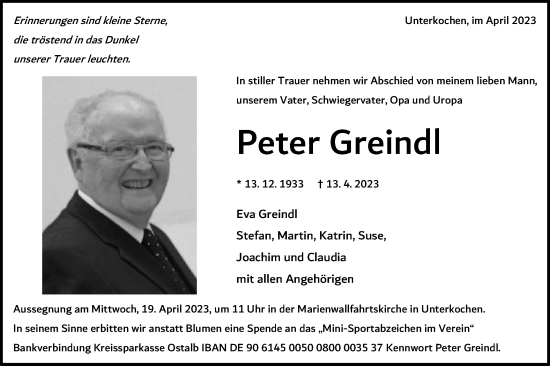 Traueranzeige von Peter Greindl von Schwäbische Post