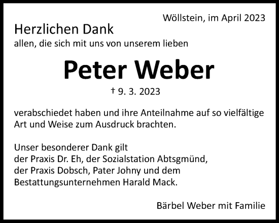 Traueranzeige von Peter Weber von Kocher-Lein-Bote