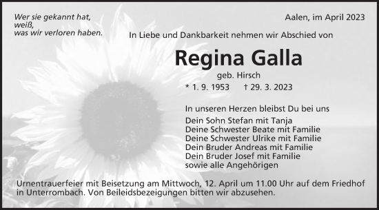 Traueranzeige von Regina Galla von Schwäbische Post