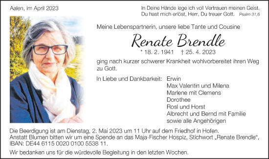 Traueranzeige von Renate Brendle von Schwäbische Post
